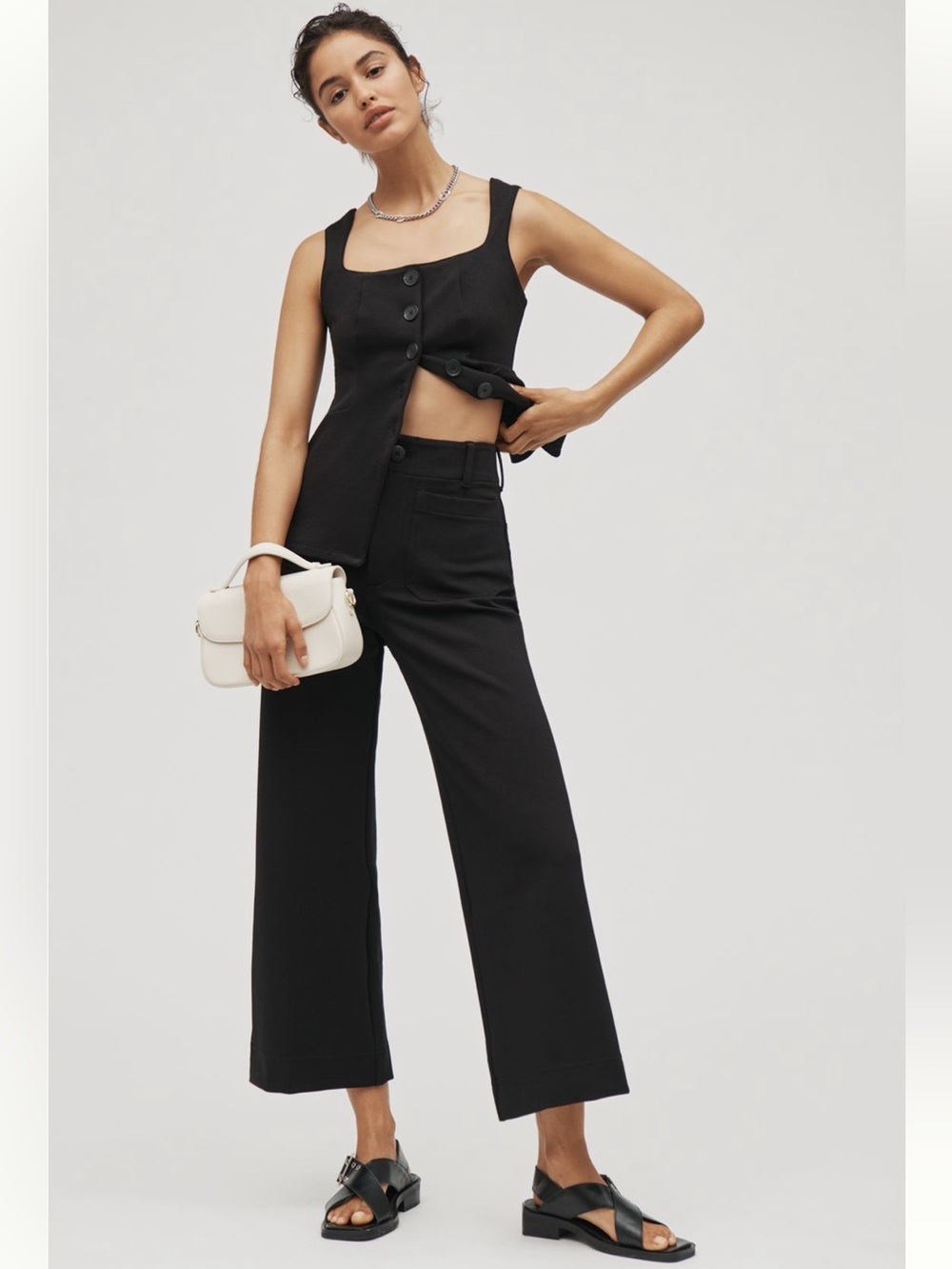 Anthropologie Maeve Colette Cropped Wide-Leg Pants-Black-Size 25